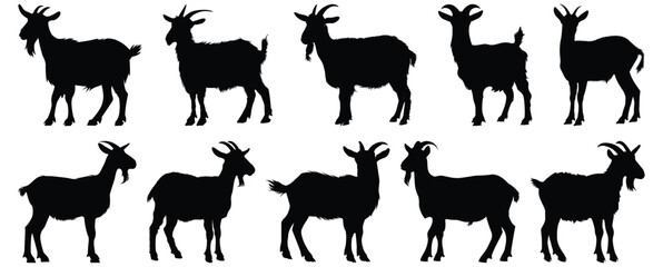 Goat silhouettes set, animal pack of vector silhouette design, isolated background