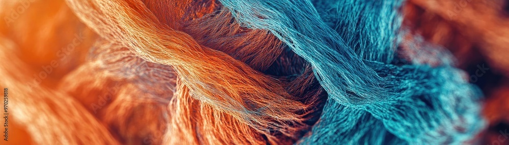 Poster Close-up image of vibrant orange and blue threads intertwined, showcasing a beautiful texture and color contrast for artistic projects.