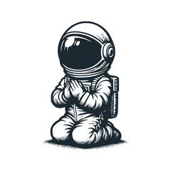 Cute astronaut kneel down to pray. Black white vector. Icon and logo illustration.