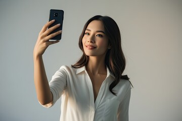 Fototapeta premium Chic Woman Taking Selfie with Smartphone Against Simple Background