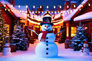 Cheerful Winter Village Scene with Happy Snowman and Colorful Christmas Lights for a Joyous Holiday Celebration