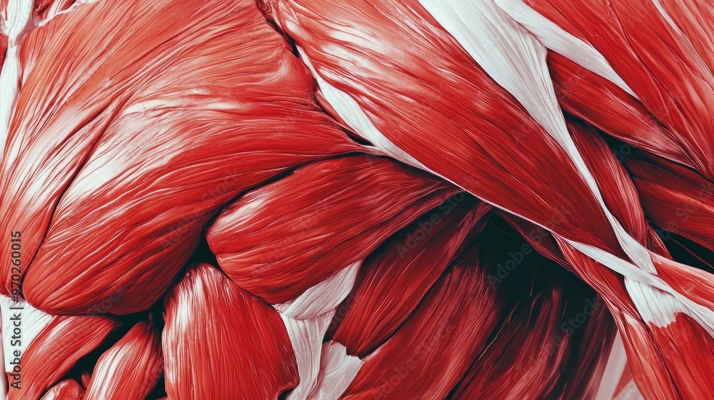 Poster a close-up view of red and white muscle fibers showcasing intricate details and textures, ideal for 