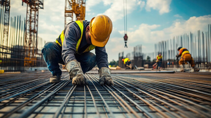 A construction worker is laying down a metal grid on a building site. The worker is wearing a yellow safety vest and a hard hat. Concept of hard work and dedication to the job
