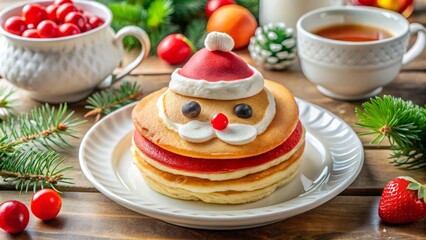 Obraz premium Start the day with a warming holiday treat as round fluffy pancakes are shaped and decorated like Santa