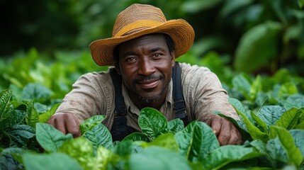 Smiling Farmer in Lush Green Fields