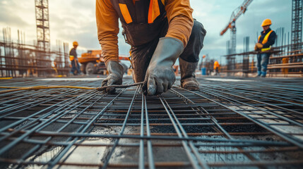 A construction worker is laying down a metal grid on a construction site. The worker is wearing a yellow jacket and orange gloves. The construction site is busy with other workers and machinery
