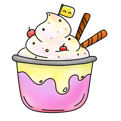 Pink ice cream cup dessert with flag illustration