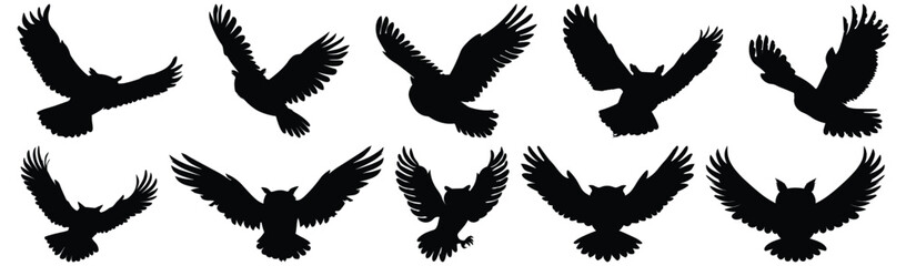 Owl silhouette set vector design big pack of flying illustration and icon