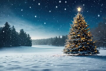 Serene Winter Landscape with Christmas Tree Under Starry Night and Gentle Snowfall