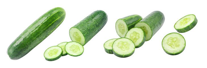 Cucumber with slices collection isolated on white background , clipping path.