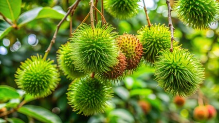 Fototapeta premium The exotic rambutan fruit, its bright green skin covered in sharp spines, sways gently in clusters on the