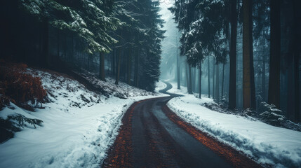 From a high vantage point, a straight snow-covered road stretches through a vast forest, where endless rows of trees are blanketed in white.