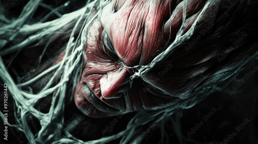 Poster A haunting close-up of a face entangled in organic, fibrous textures, showcasing emotion and depth in dark tones.