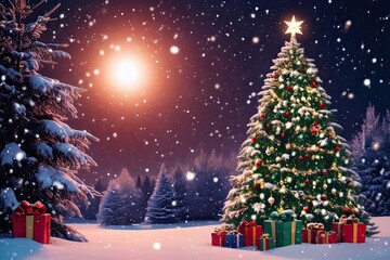 Obraz premium Enchanting Winter Wonderland Christmas Night with Sparkling Christmas Tree and Dreamy Snowfall
