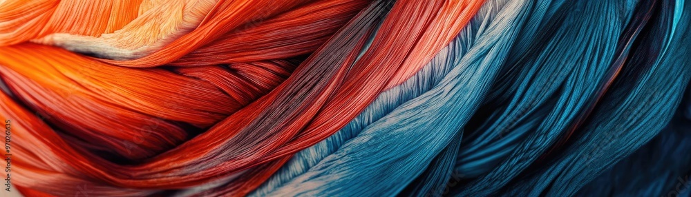 Poster vibrant abstract texture featuring flowing strands of orange and blue hues, creating a dynamic visua
