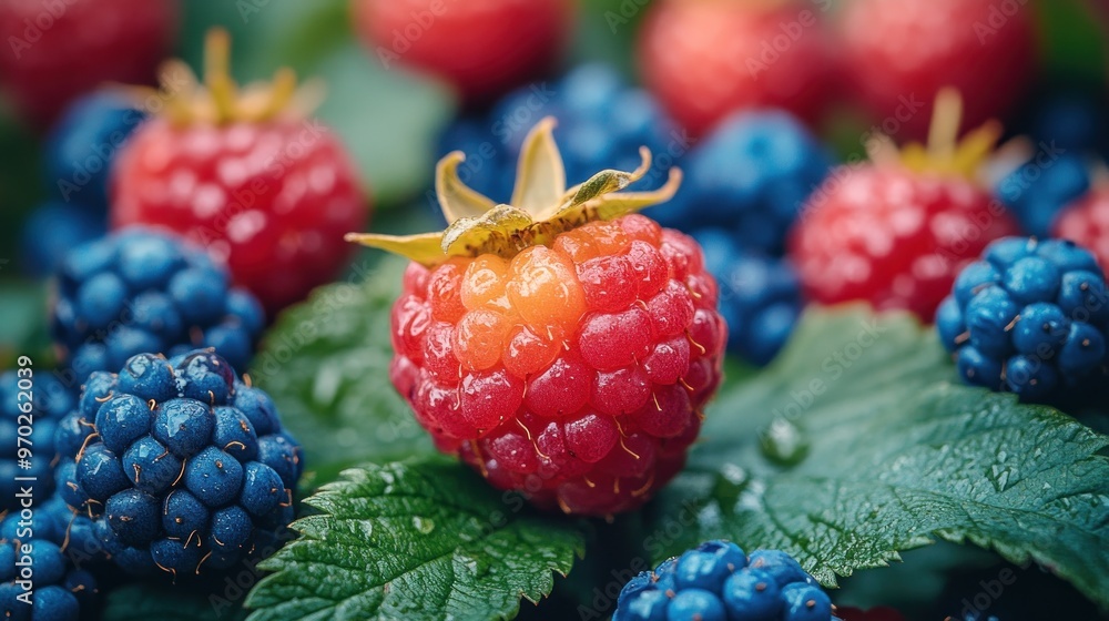 Sticker close-up of fresh raspberries and blackberries