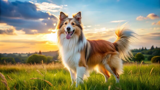 The Shelti dog strikes a pose, tongue dangling from its mouth, as it surveys the lush green landscape,