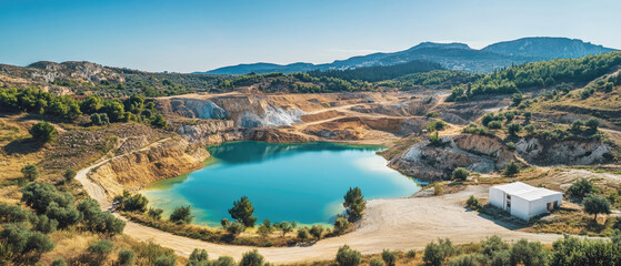 Fototapeta premium A large body of water surrounded by a rocky area. The water is blue and the sky is clear