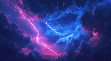 Fototapeta premium Dramatic lightning strikes through a dark, stormy sky, illuminated by pink and blue light.