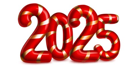 Large red stylized number 2025 with a festive Christmas design reminiscent of a candy cane, with soft shadow, on a white background.
