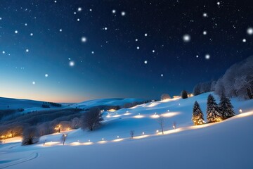 Naklejka premium Enchanting Winter Wonderland with Snowy Hills Sparkling Lights and Gentle Snowflakes Under a Starry Night