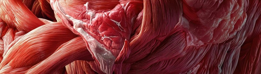 Close-up view of human muscle tissue showcasing intricate details and textures, perfect for health and anatomy projects.
