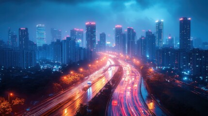 Fototapeta premium Night Cityscape with Highway and Buildings