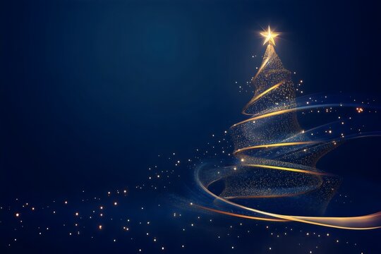 Abstract gold christmas tree sparkling on dark blue background with lights and blank space for design