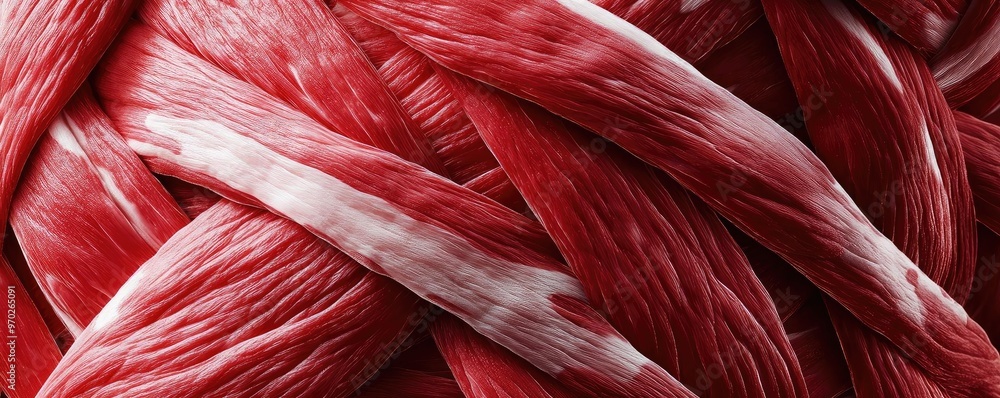 Poster close-up of intricate red and white threads woven together, showcasing texture and detail for creati