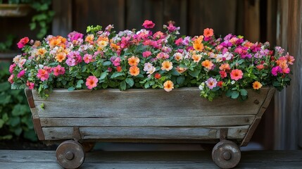 Fototapeta premium Colorful Flowers in a Rustic Wooden Cart