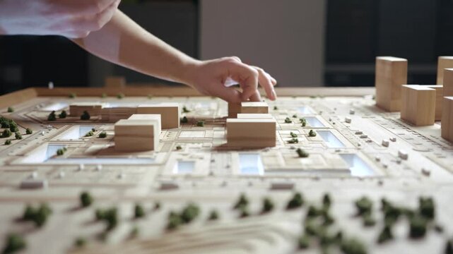 Hands of Adult Man Building Architecture Model Close Up. Caucasian Person Constructing City and Making Landscape with Little Trees. Builder Crafts Wood Miniatures of Future People Life in Eco Style