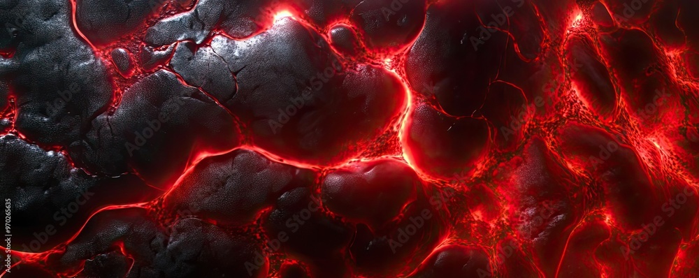 Poster a dramatic texture featuring glowing red cracks against a dark surface, perfect for backgrounds or d