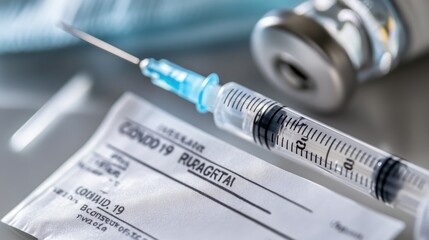 vaccine card next to a syringe