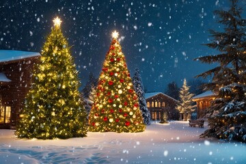Naklejka premium Enchanting Christmas Wonderland Featuring Snowfall Lush Trees and Glimmering Lights