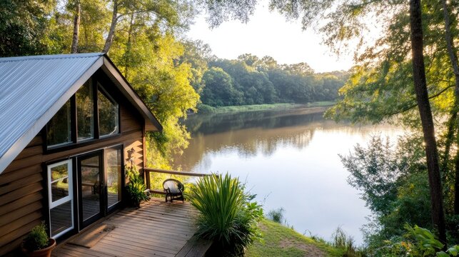 cozy riverside cabin with a tin roof, wooden siding, and a deck overlooking the calm water, surrounded by tall trees and lush greenery