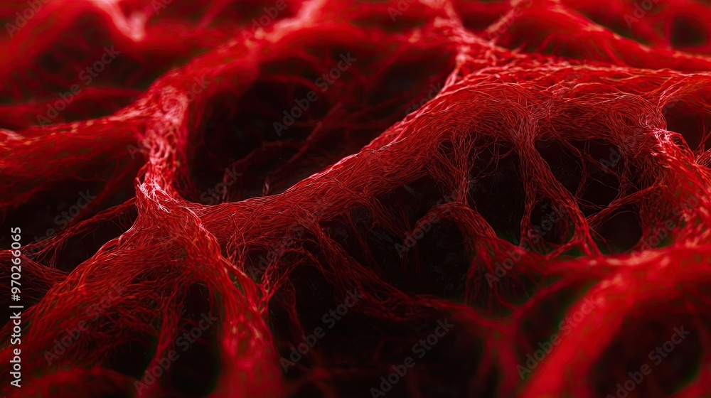 Poster close-up view of intricate red web-like structure, resembling organic texture, perfect for scientifi