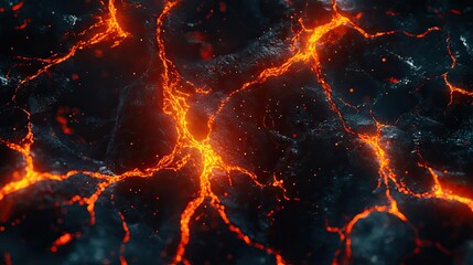 Close-up of glowing lava cracks, showcasing intense orange and black textures, perfect for themes of nature and volcanic activity.