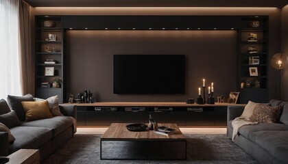 Modern living room with sofa and television
a living room with a couch, chair, table and fireplace in the corner of the room with a large window overlooking the snow covered forest. 3