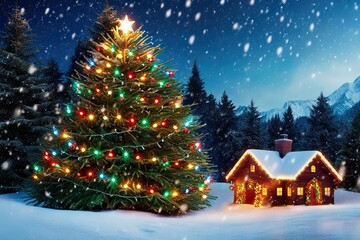 Obraz premium Enchanting Winter Wonderland with Soft Snowflakes Vibrant Holiday Lights and Lush Pine Forests