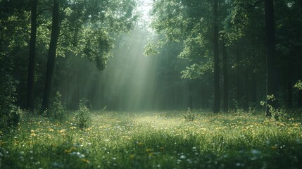 Sunlight Filtering Through a Misty Forest