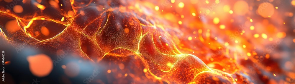 Poster dynamic abstract representation of glowing elements, featuring vibrant orange hues and captivating m