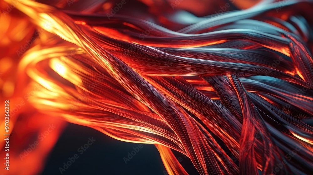 Poster dynamic close-up of glowing, intertwined metallic strands showcasing vibrant colors and fluid moveme