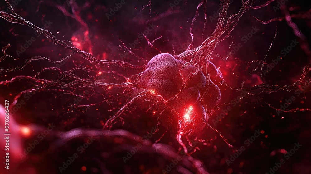 Poster Abstract representation of neurons in vibrant red, showcasing intricate networks and connections, ideal for scientific and artistic projects.