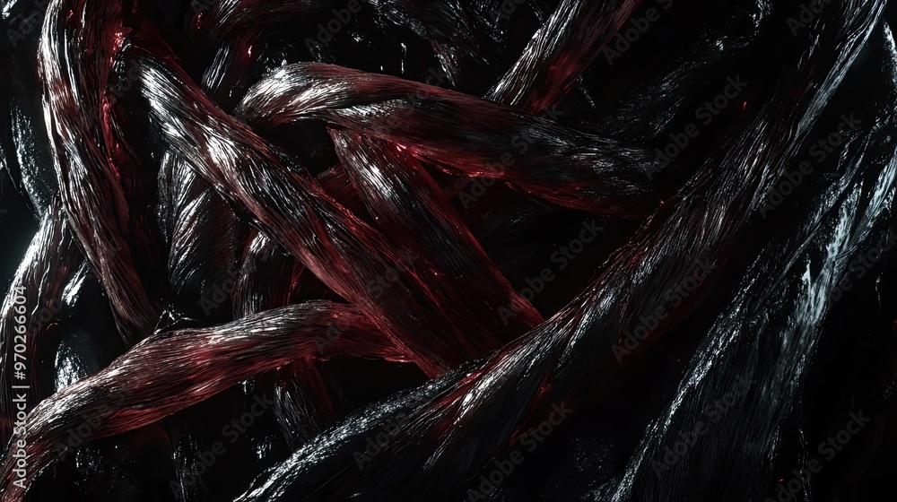 Aufkleber A close-up view of twisted, dark strands with dramatic red highlights, creating an abstract and textured visual composition.