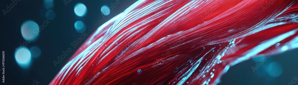 Poster close-up of vibrant red fibers showcasing texture and depth, perfect for artistic and scientific pro