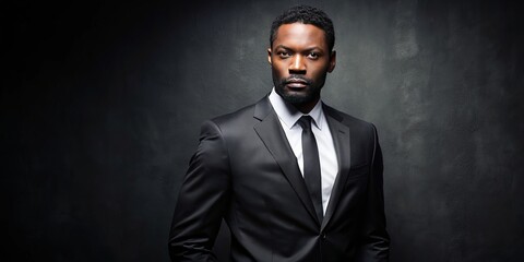Obraz premium With chiseled features and an unshakeable presence, the stylish African American man in a tailored black suit stands