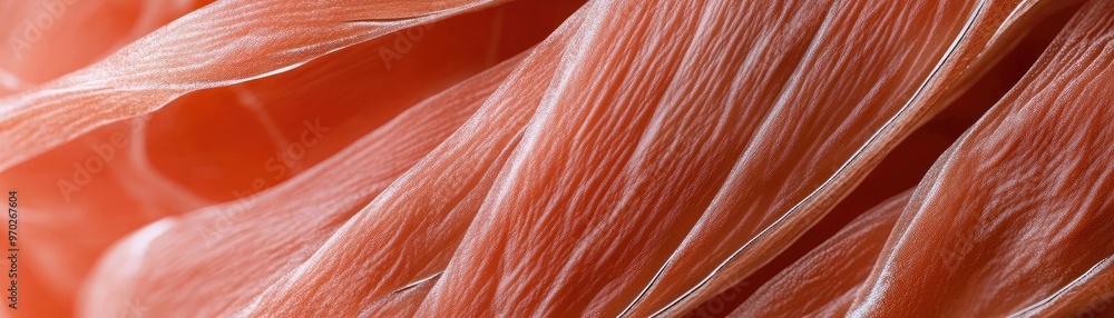 Poster a close-up view of delicate, flowing fibers in soft peach tones, showcasing incredible texture and o