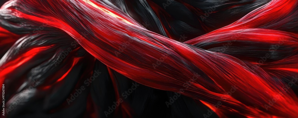 Poster an abstract image showcasing flowing red and black strands, evoking emotion and energy through its v