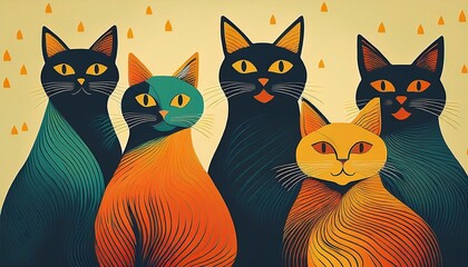 retro vintage cats background minimalist illustration