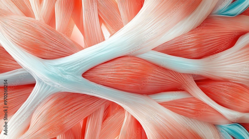 Poster a detailed close-up of muscle fibers showcasing intricate patterns and vivid color contrasts, perfec